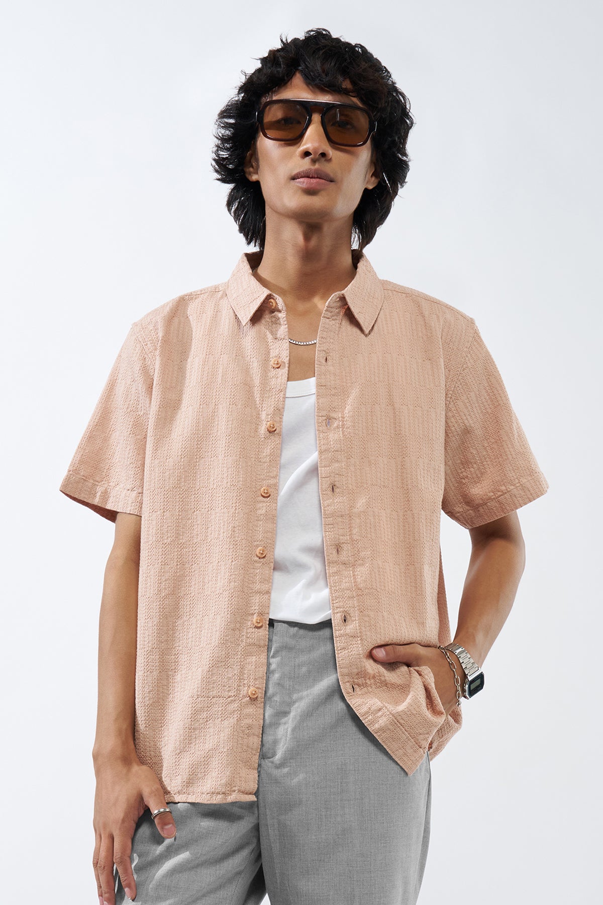 Peach Textured Cotton Shirt for Men - Image 1
