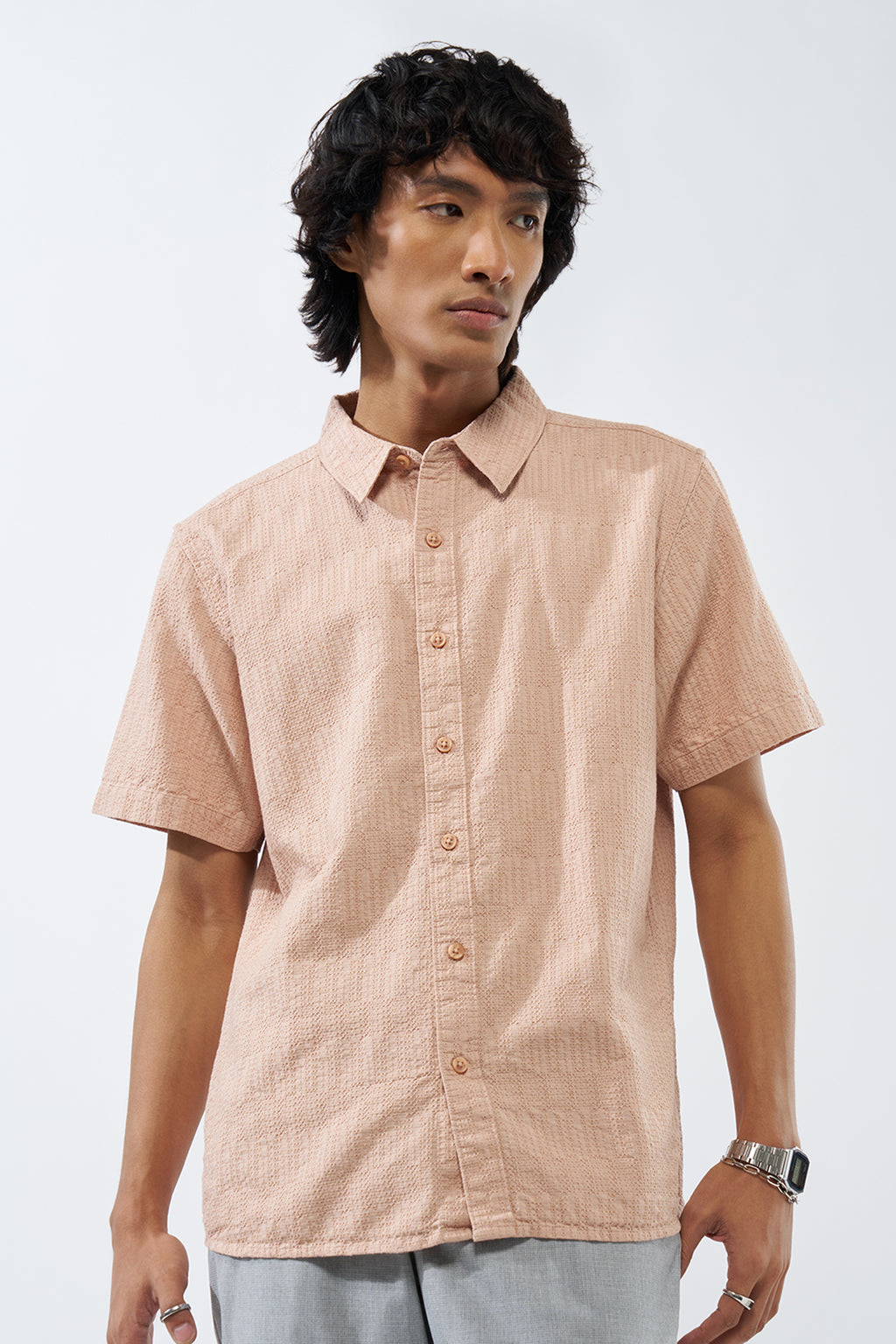 Peach Textured Cotton Shirt for Men - Image 2