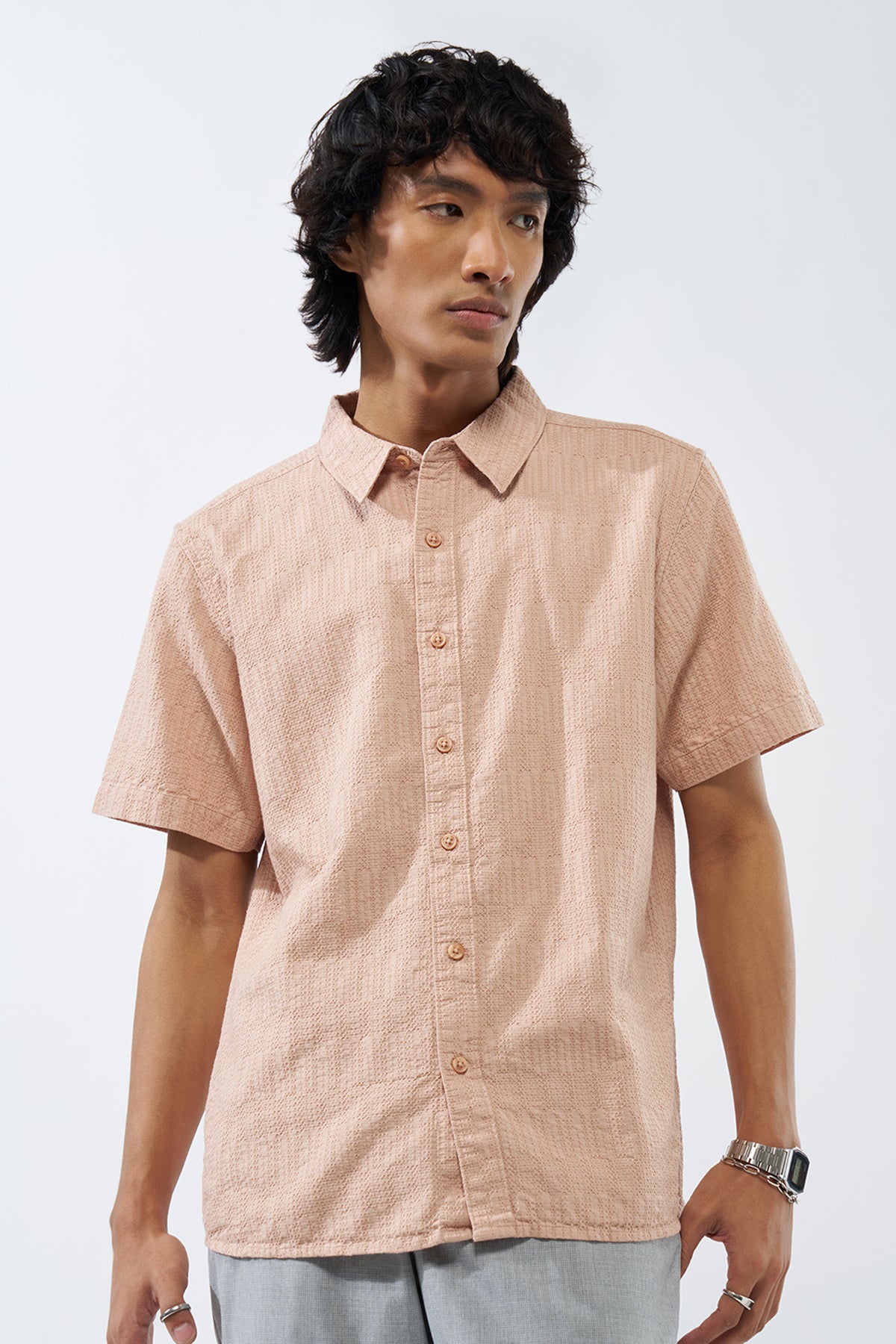 Peach Textured Cotton Shirt for Men - Image 2
