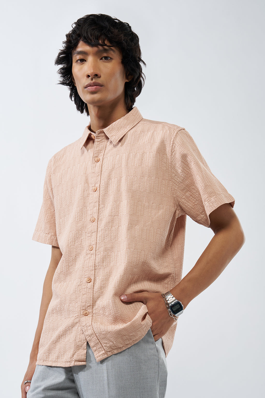 Peach Textured Cotton Shirt for Men - Image 4