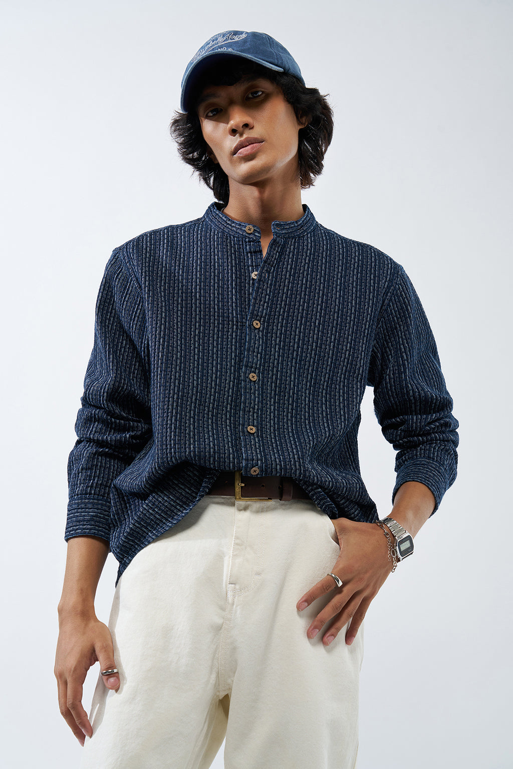 Navy Self Design Regular Fit Shirt for Men - Image 1