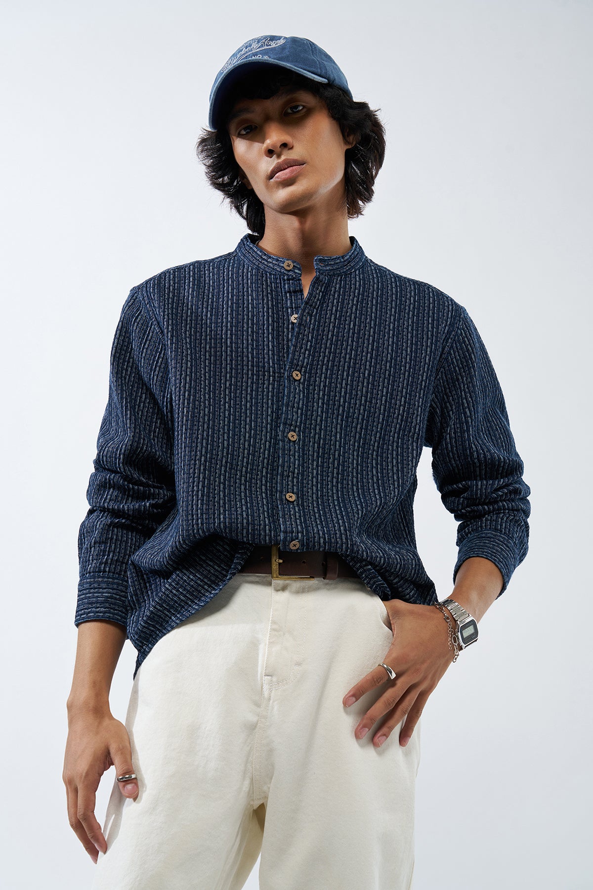 Navy Self Design Regular Fit Shirt for Men - Image 1