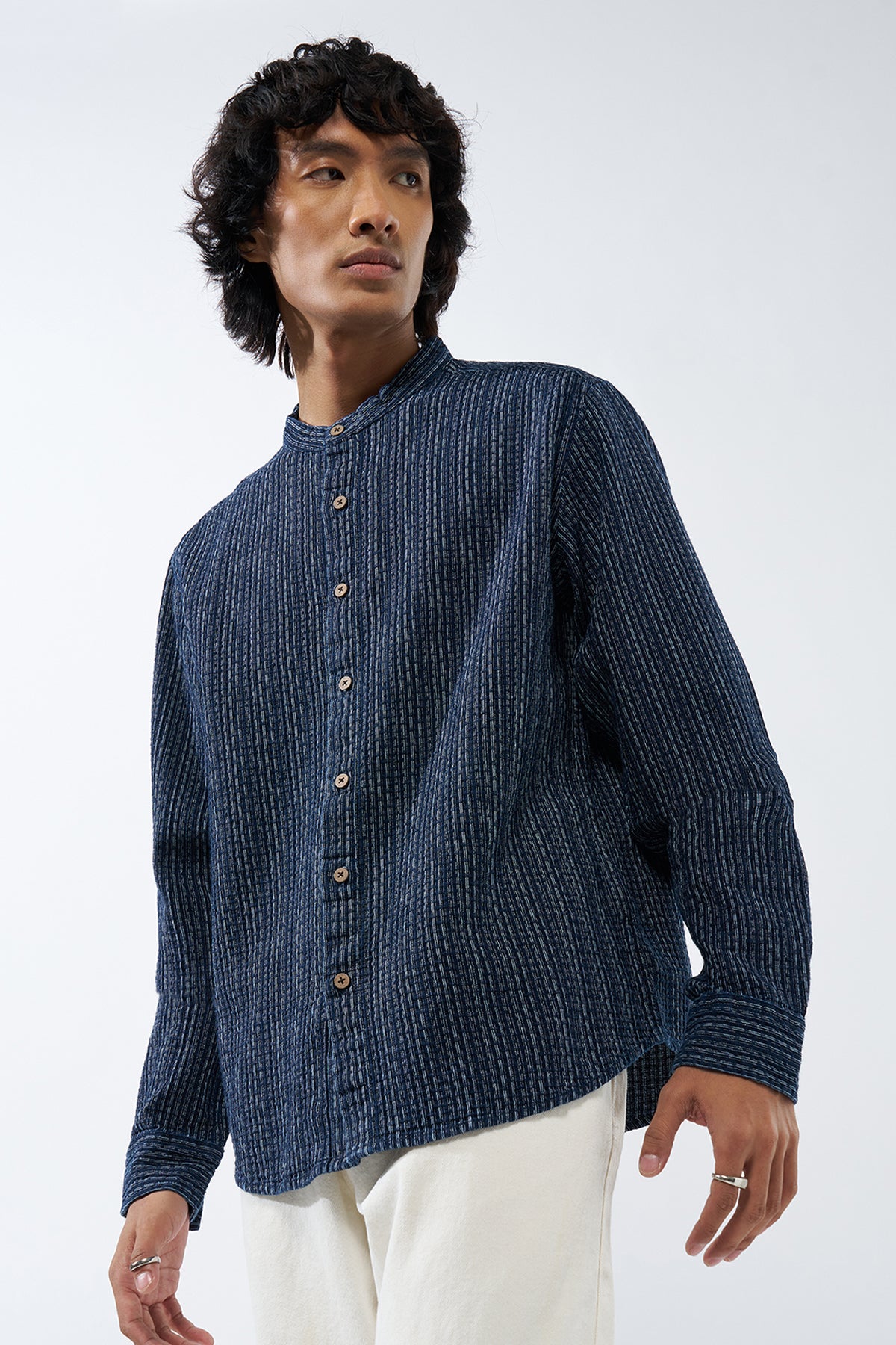 Navy Self Design Regular Fit Shirt for Men - Image 4