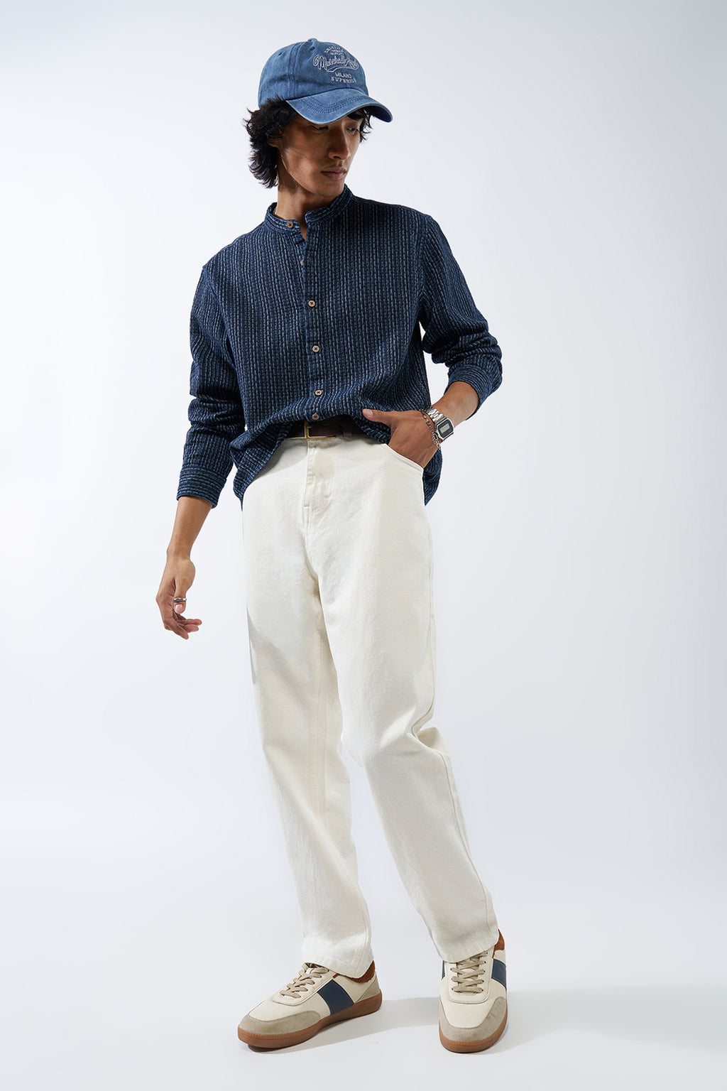 Navy Self Design Regular Fit Shirt for Men - Image 6