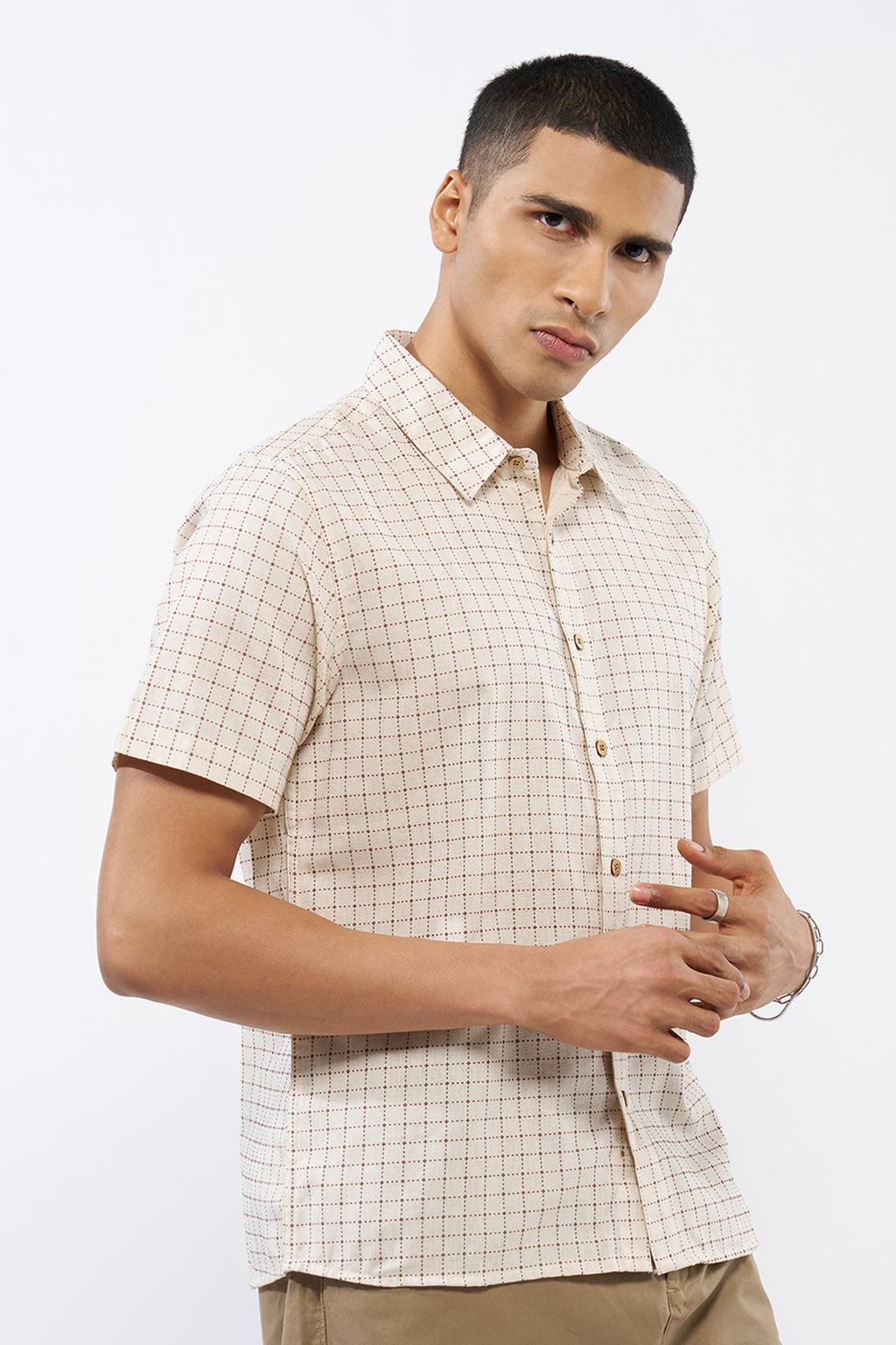 Beige Checked Regular Fit Shirt for Men - Image 4