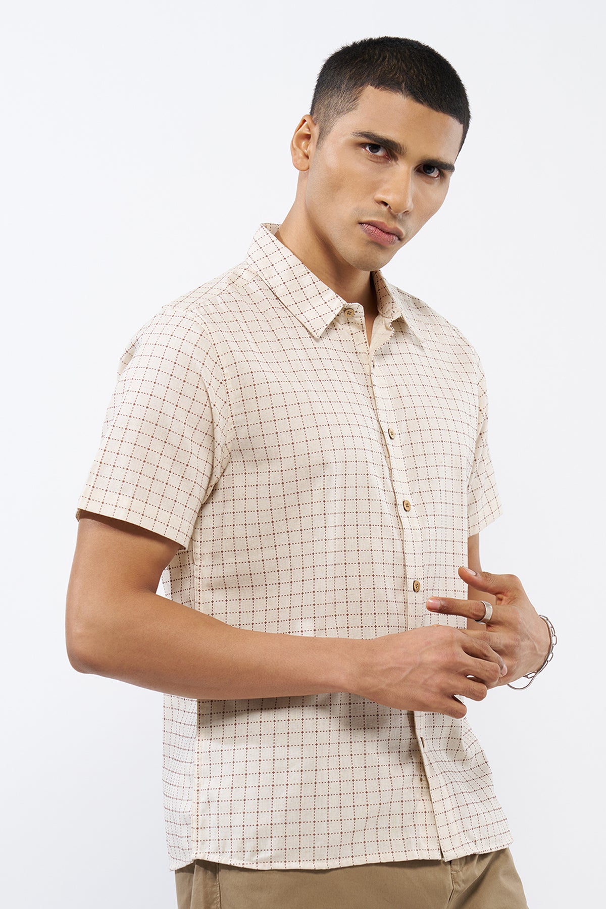Beige Checked Regular Fit Shirt for Men - Image 4