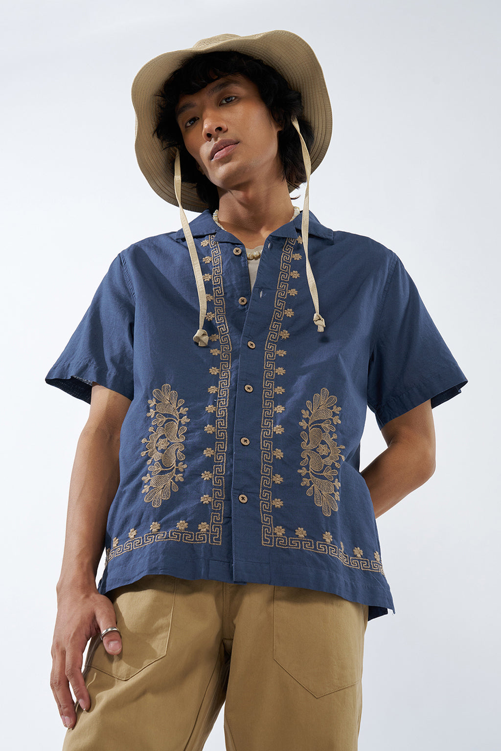 Blue Embroidered Regular Fit Shirt for Men - Image 1
