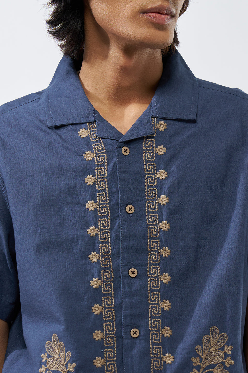 Blue Embroidered Regular Fit Shirt for Men - Image 3