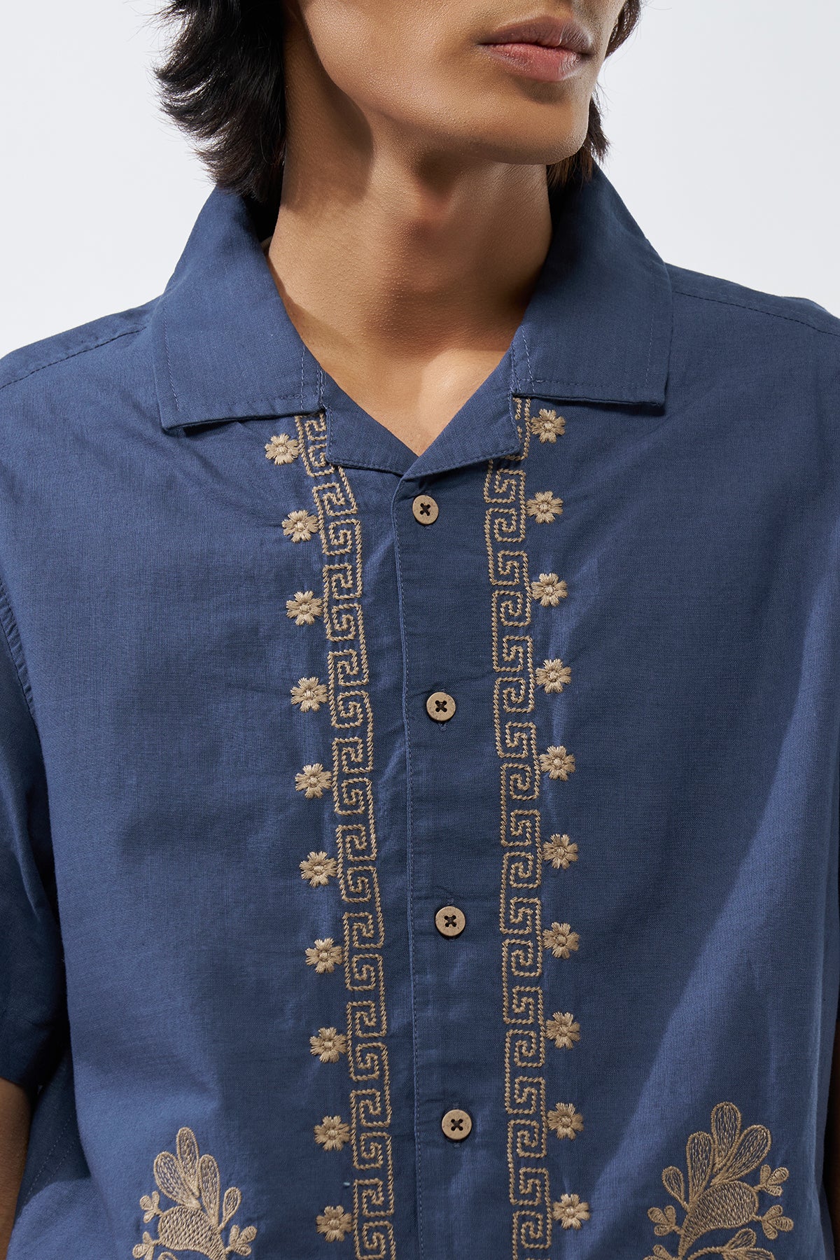 Blue Embroidered Regular Fit Shirt for Men - Image 3