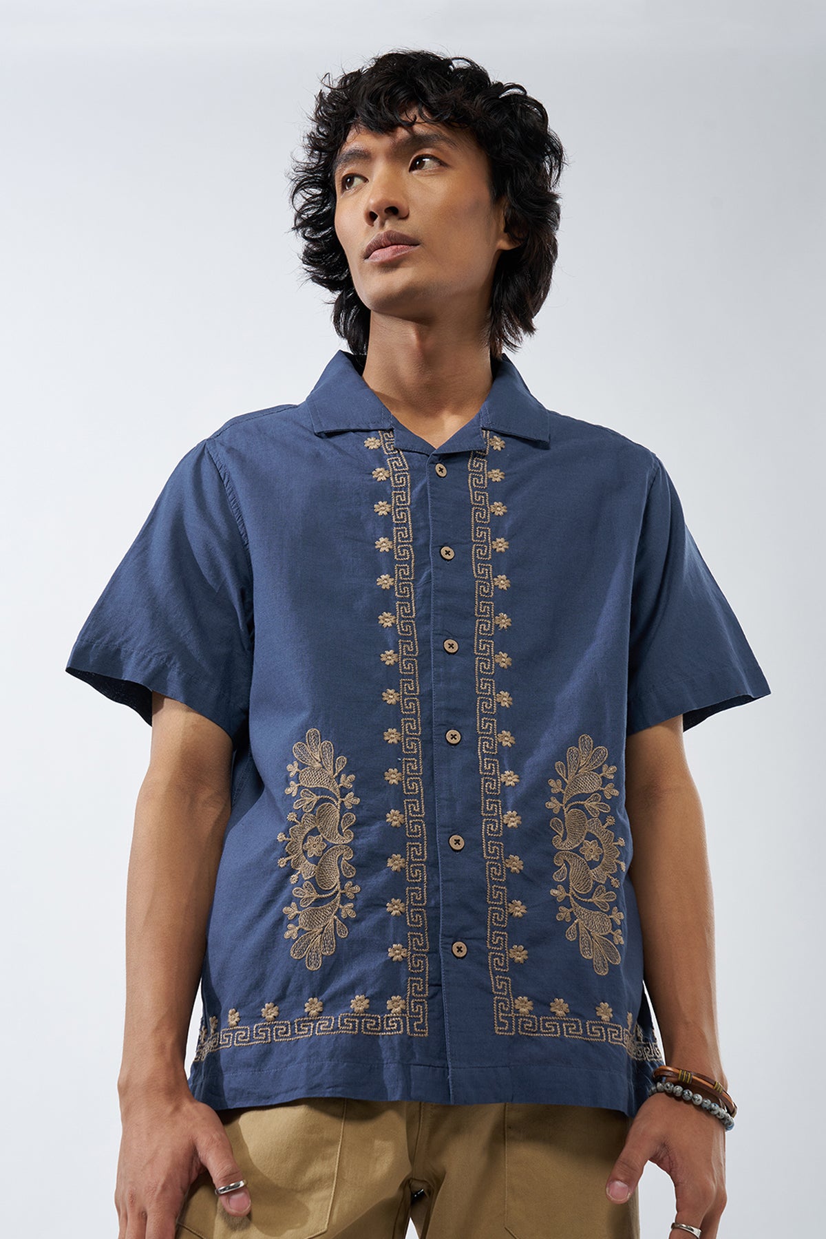 Blue Embroidered Regular Fit Shirt for Men - Image 2