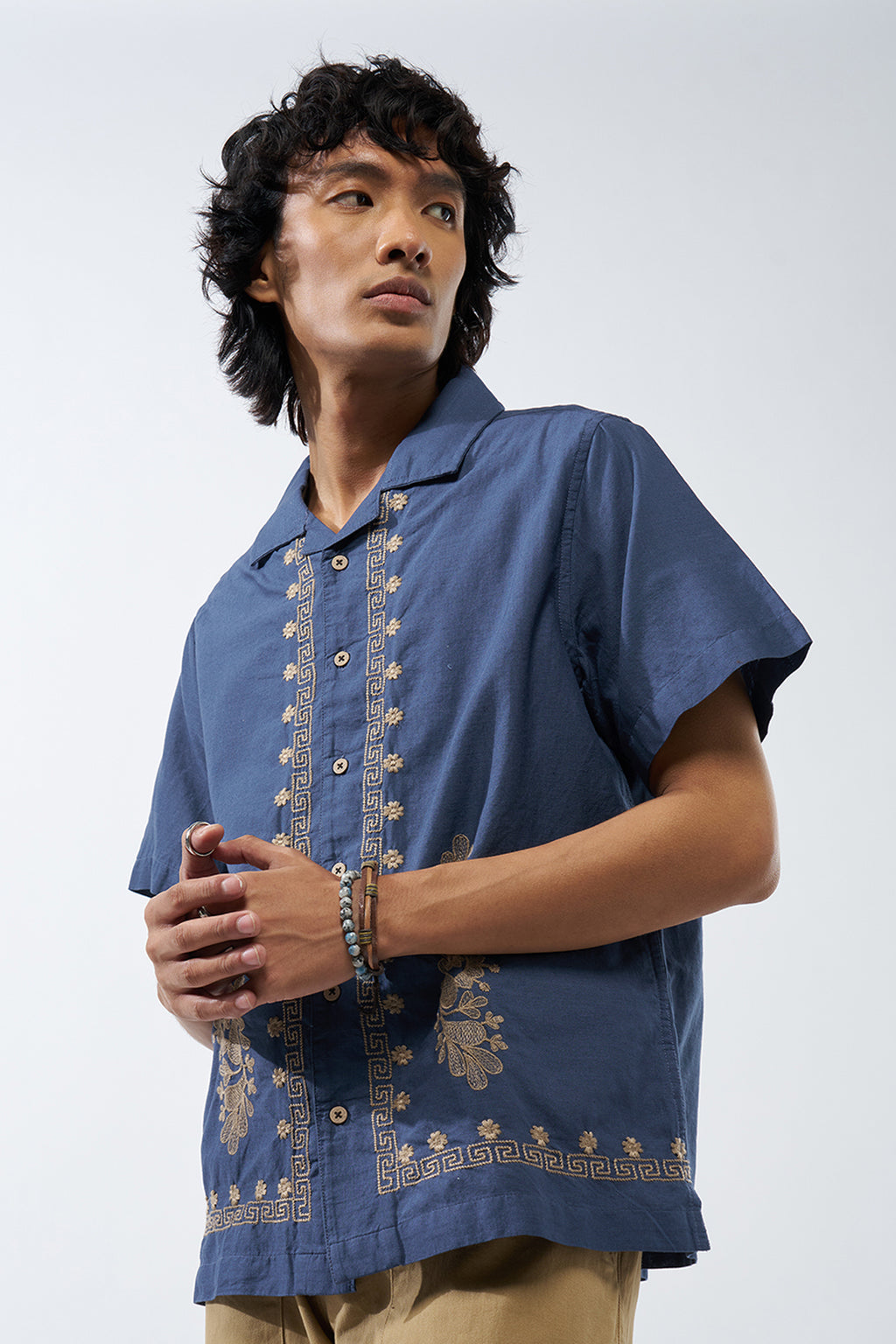Blue Embroidered Regular Fit Shirt for Men - Image 4