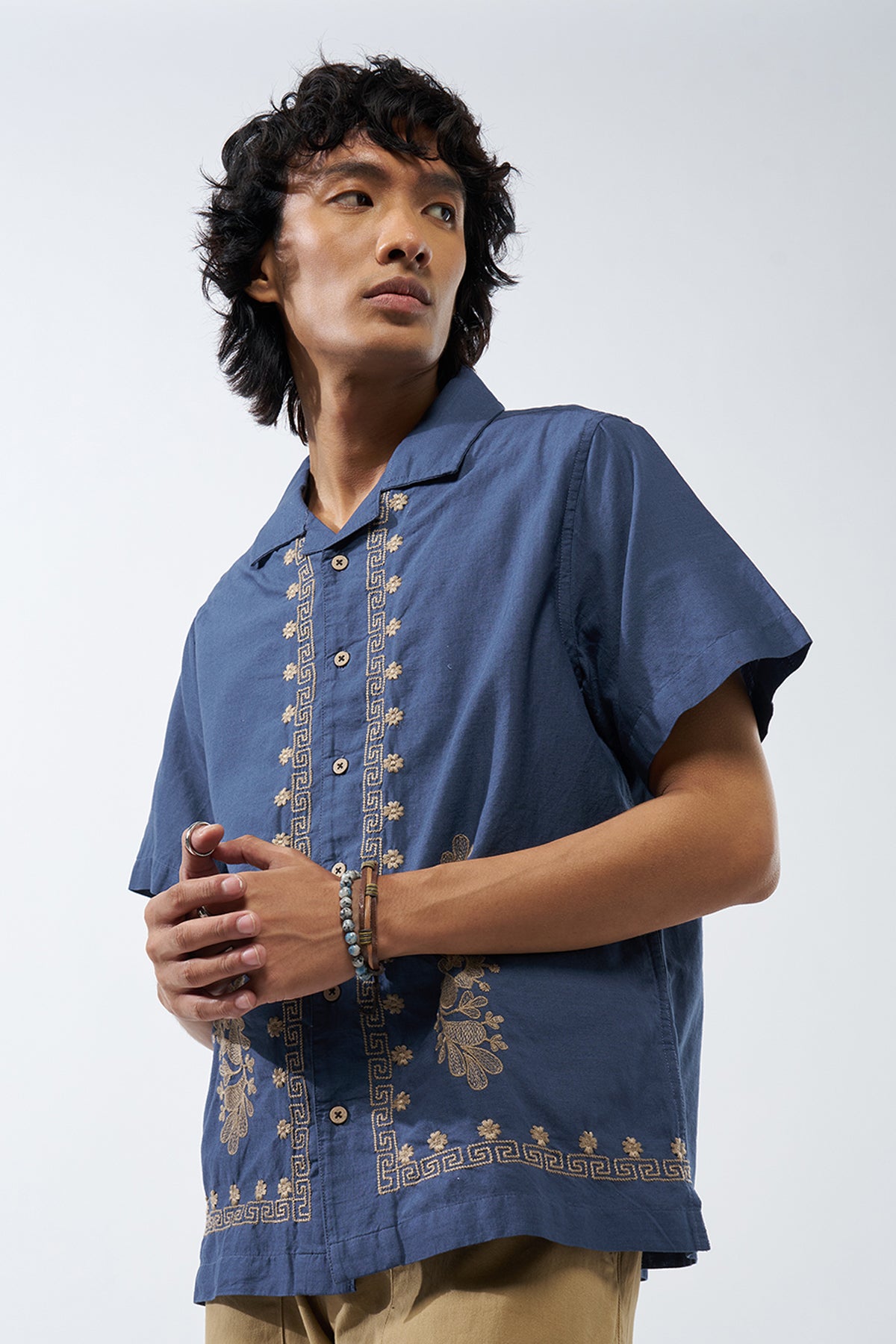 Blue Embroidered Regular Fit Shirt for Men - Image 4