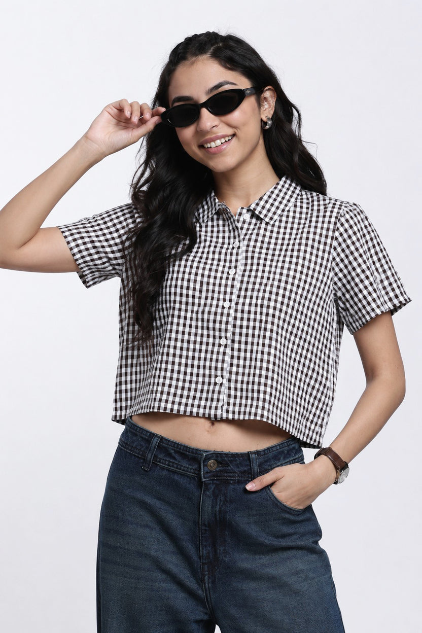 Chocolate Checkered Regular Fit Crop Shirt for Women - Image 1