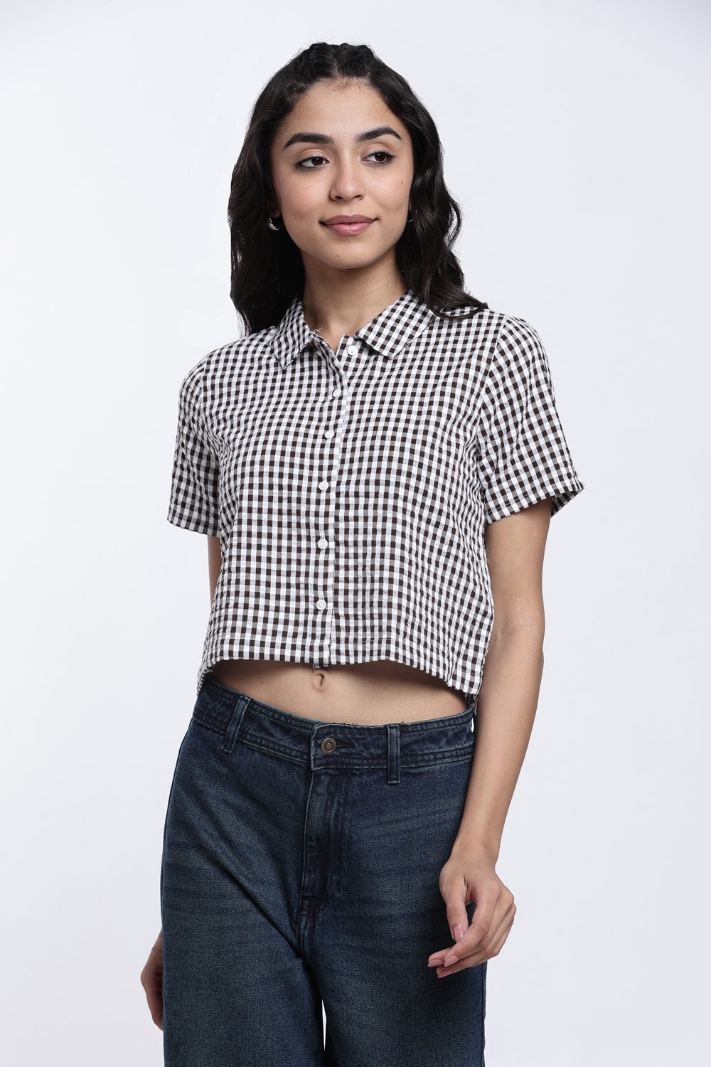 Chocolate Checkered Regular Fit Crop Shirt for Women - Image 2