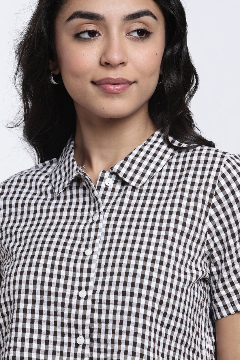 Chocolate Checkered Regular Fit Crop Shirt for Women - Image 3