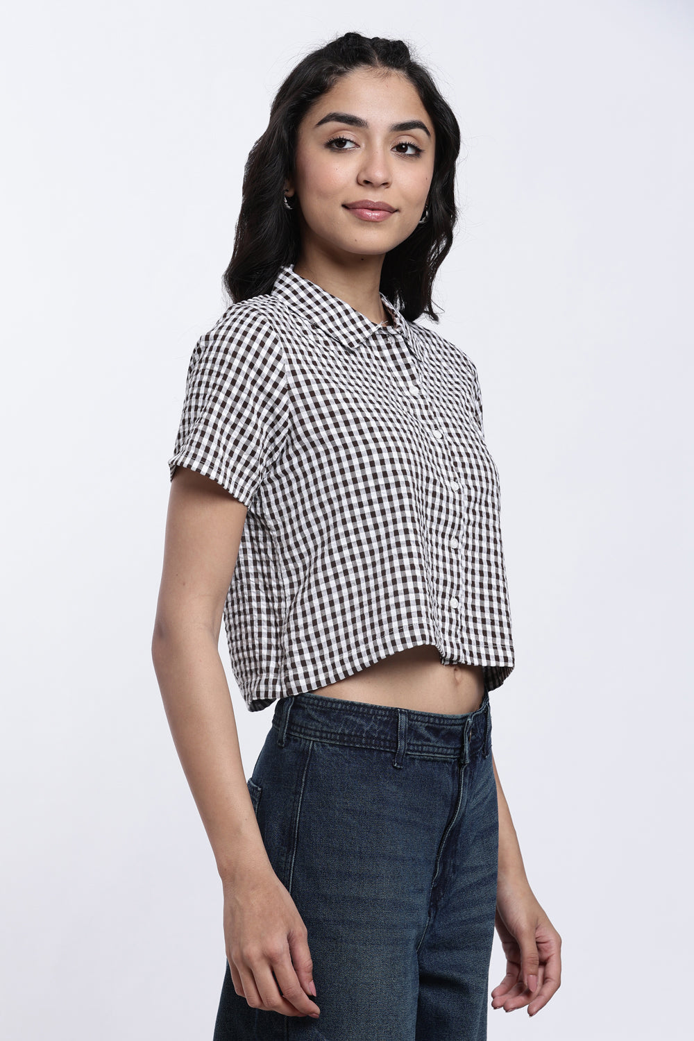 Chocolate Checkered Regular Fit Crop Shirt for Women - Image 4