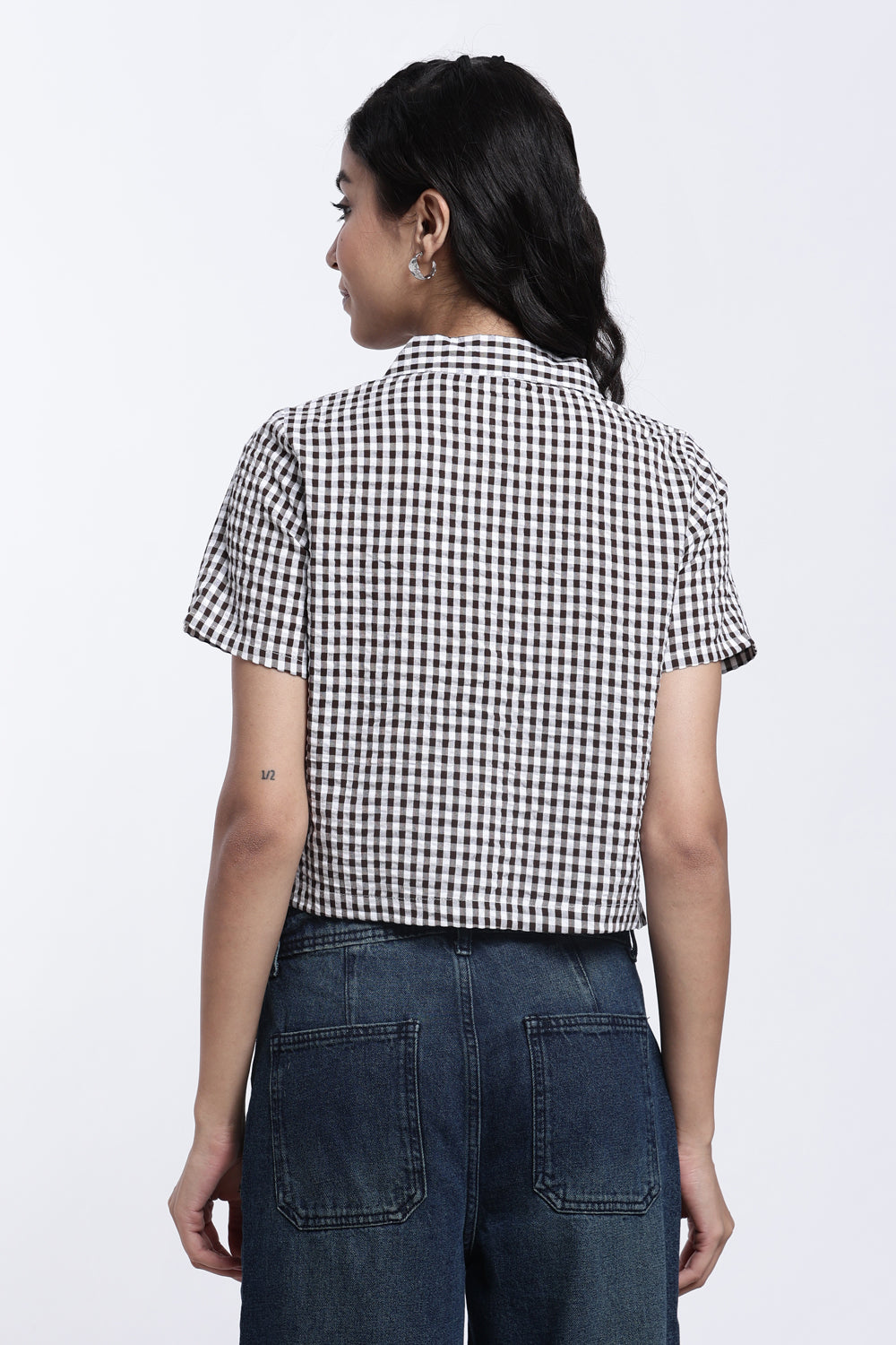 Chocolate Checkered Regular Fit Crop Shirt for Women - Image 5