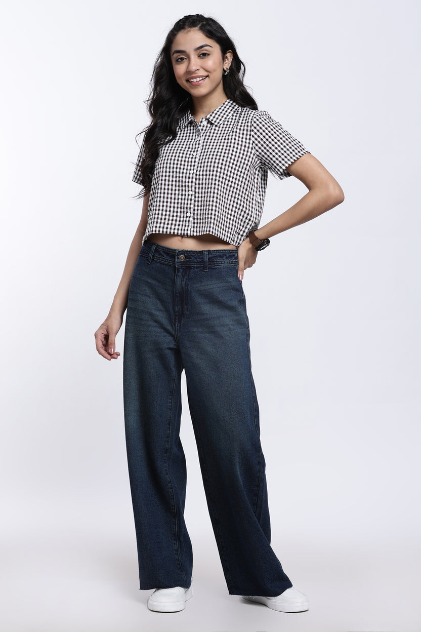 Chocolate Checkered Regular Fit Crop Shirt for Women - Image 6