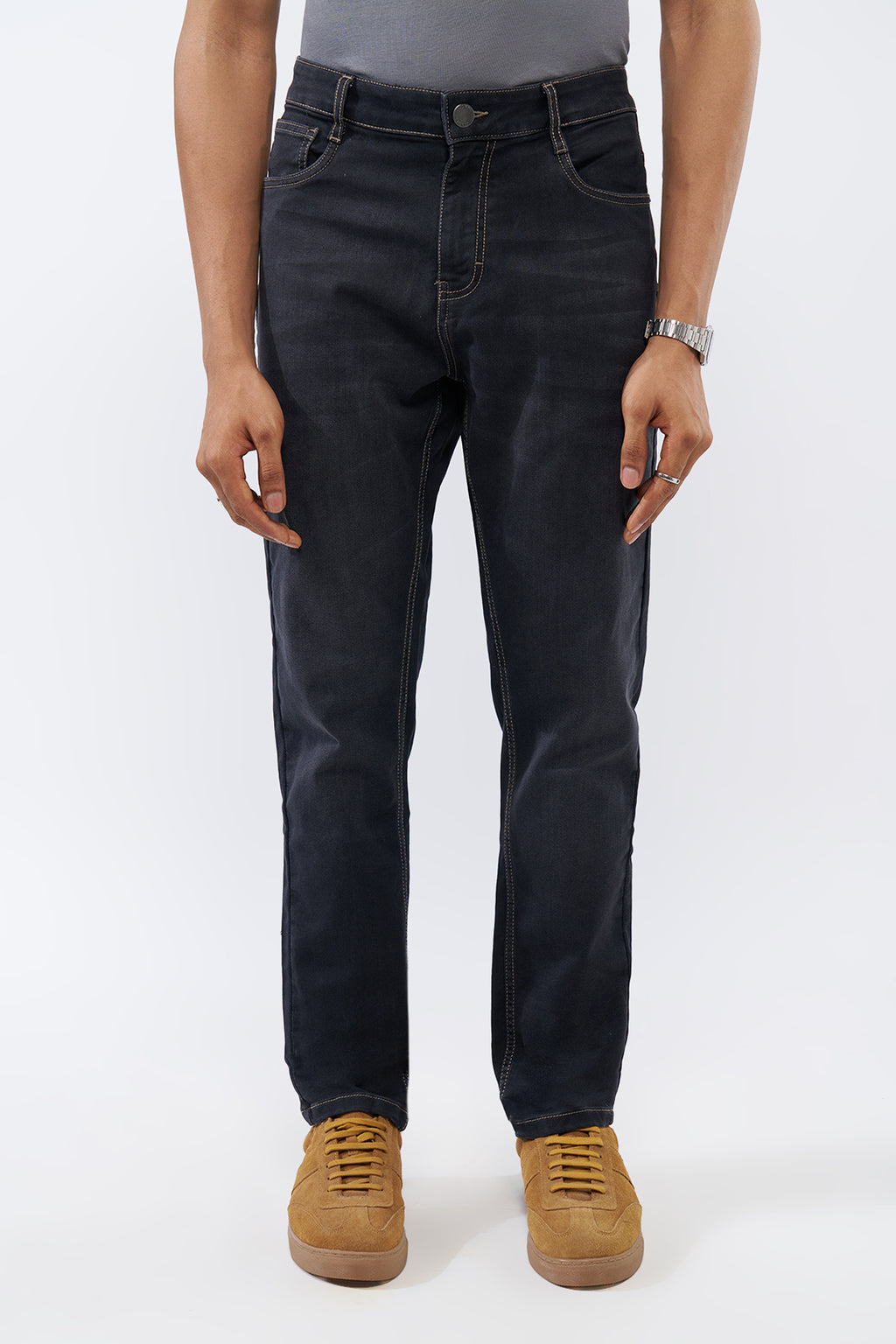 Black Solid Regular Fit Jeans for Men - Image 2