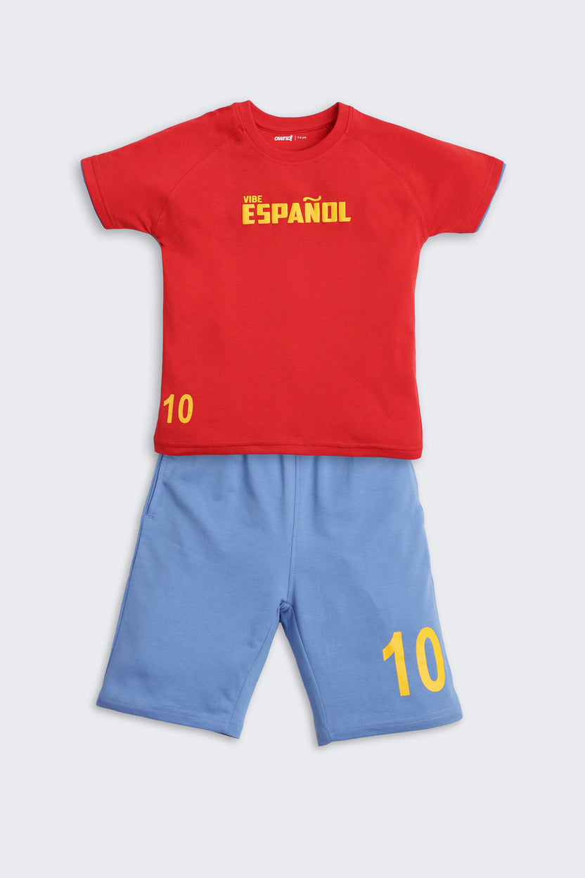 Red Typographic Regular Fit Co-ord Set For Boys - Image 2