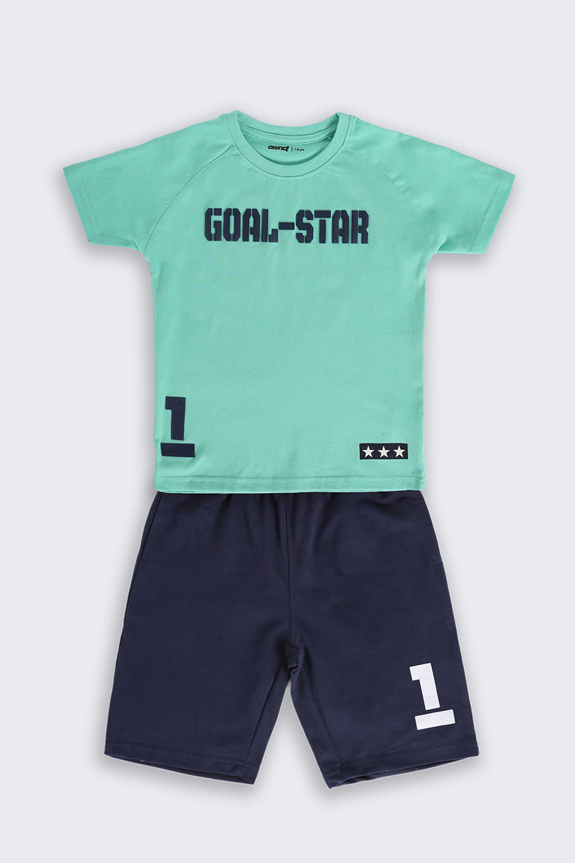 Green Typographic Regular Fit Co-ord Set For Boys - Image 2