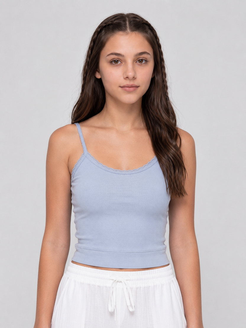 Light Blue Soft Ribbed Lace-Trim Camisole for Women - Image 1