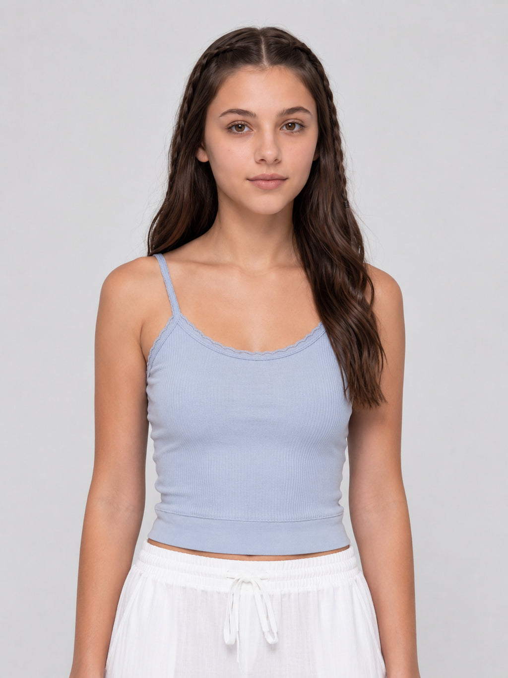 Light Blue Soft Ribbed Lace-Trim Camisole for Women - Image 1
