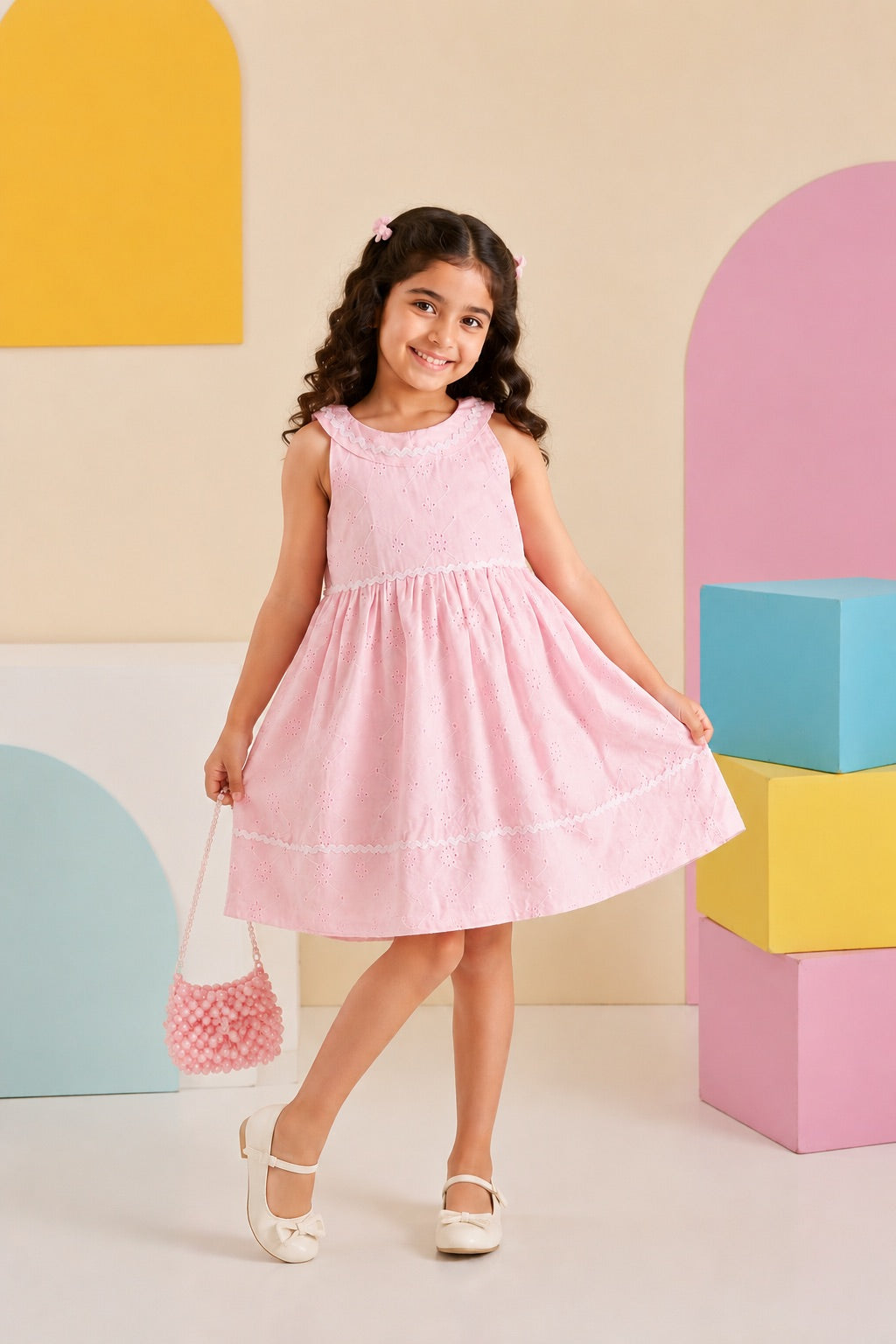 Pink Embroidered Regular Fit Dress for Girls - Image 1