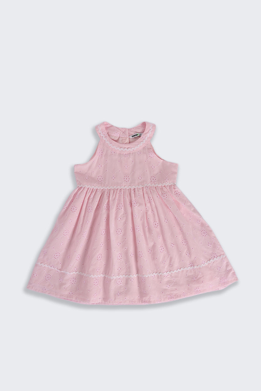 Pink Embroidered Regular Fit Dress for Girls - Image 2