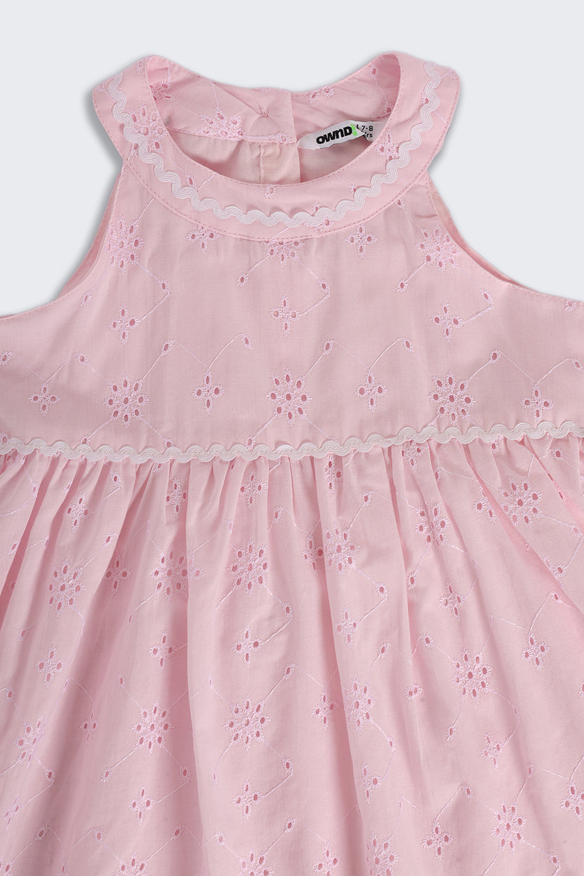 Pink Embroidered Regular Fit Dress for Girls - Image 6