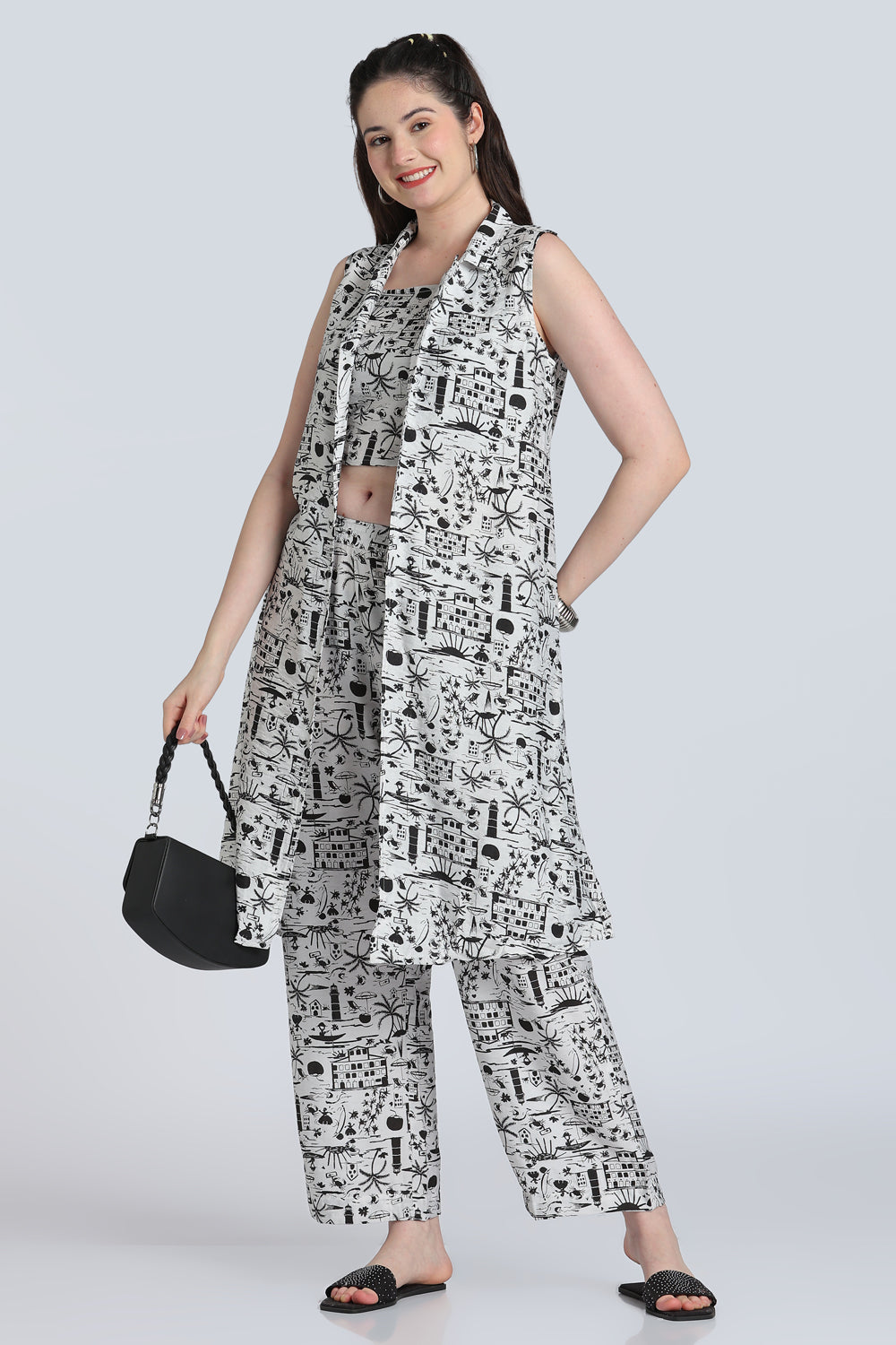 Black Shoulder Straps Sleeves Straight Fit Kurta Set for Women - Image 1
