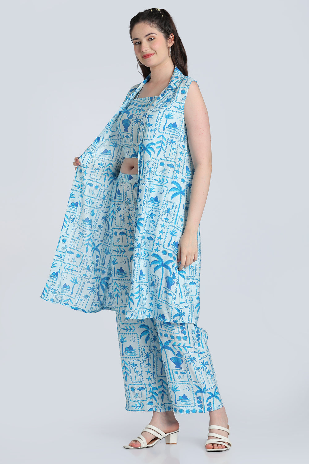Blue Shoulder Straps Sleeves Wide Leg Fit Kurta Set for Women - Image 6