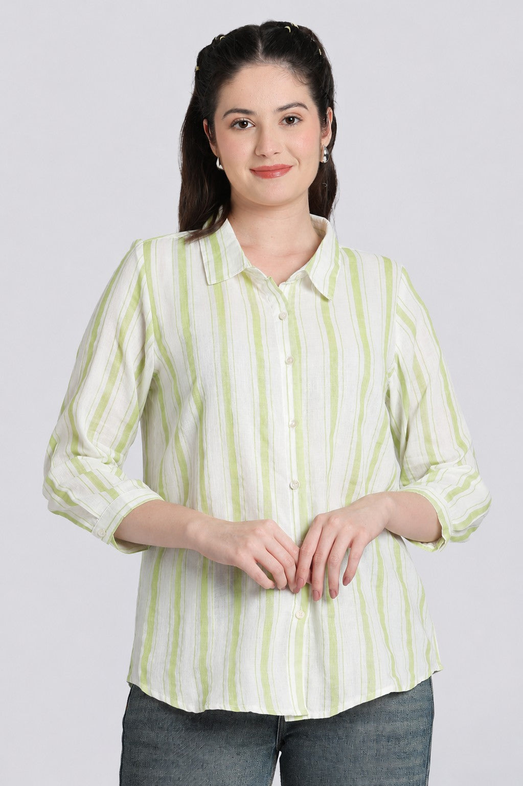 Lime Stripes Regular Fit Shirt for Women - Image 2