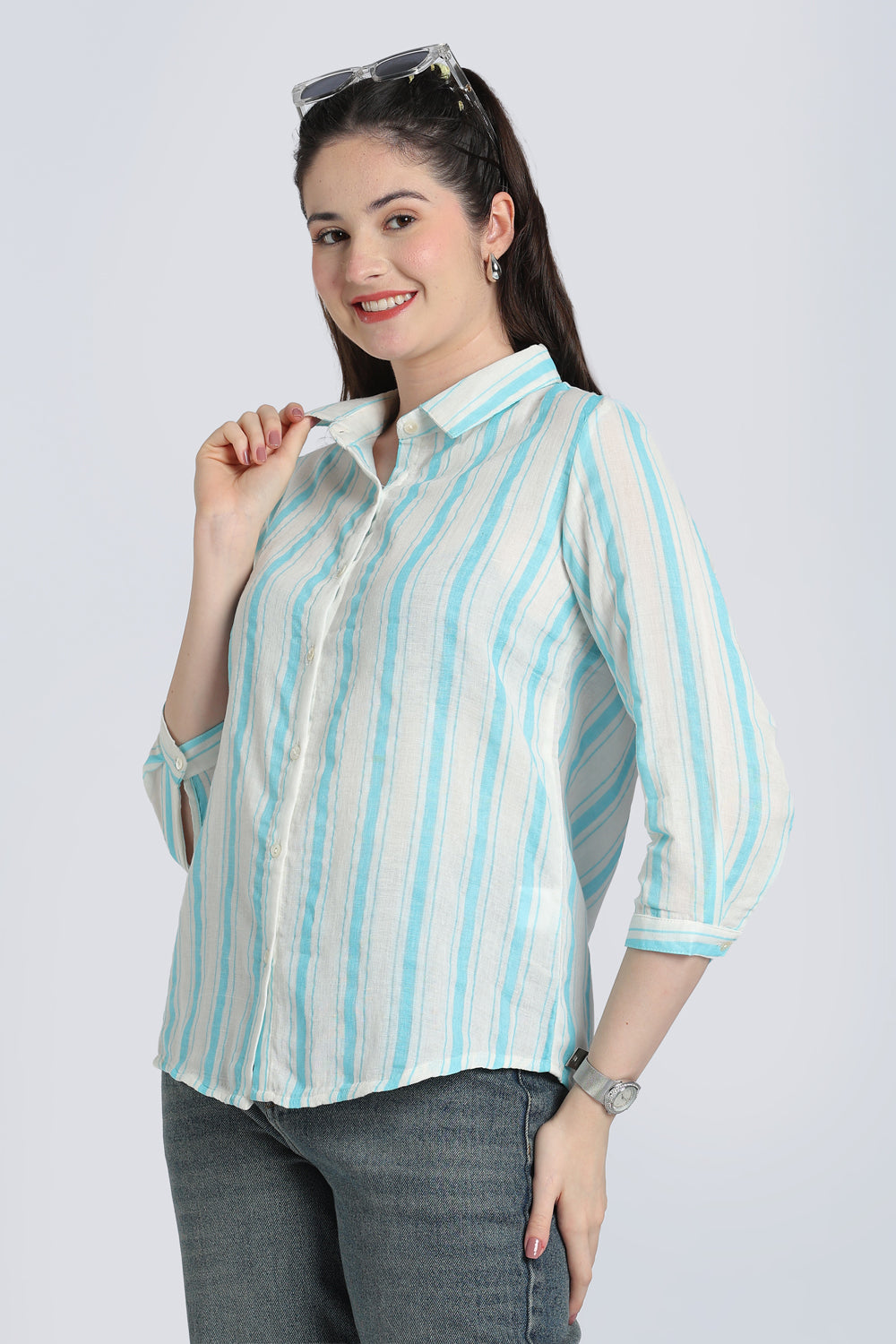Blue Double Gauze Cotton Regular Fit Shirt for Women - Image 1