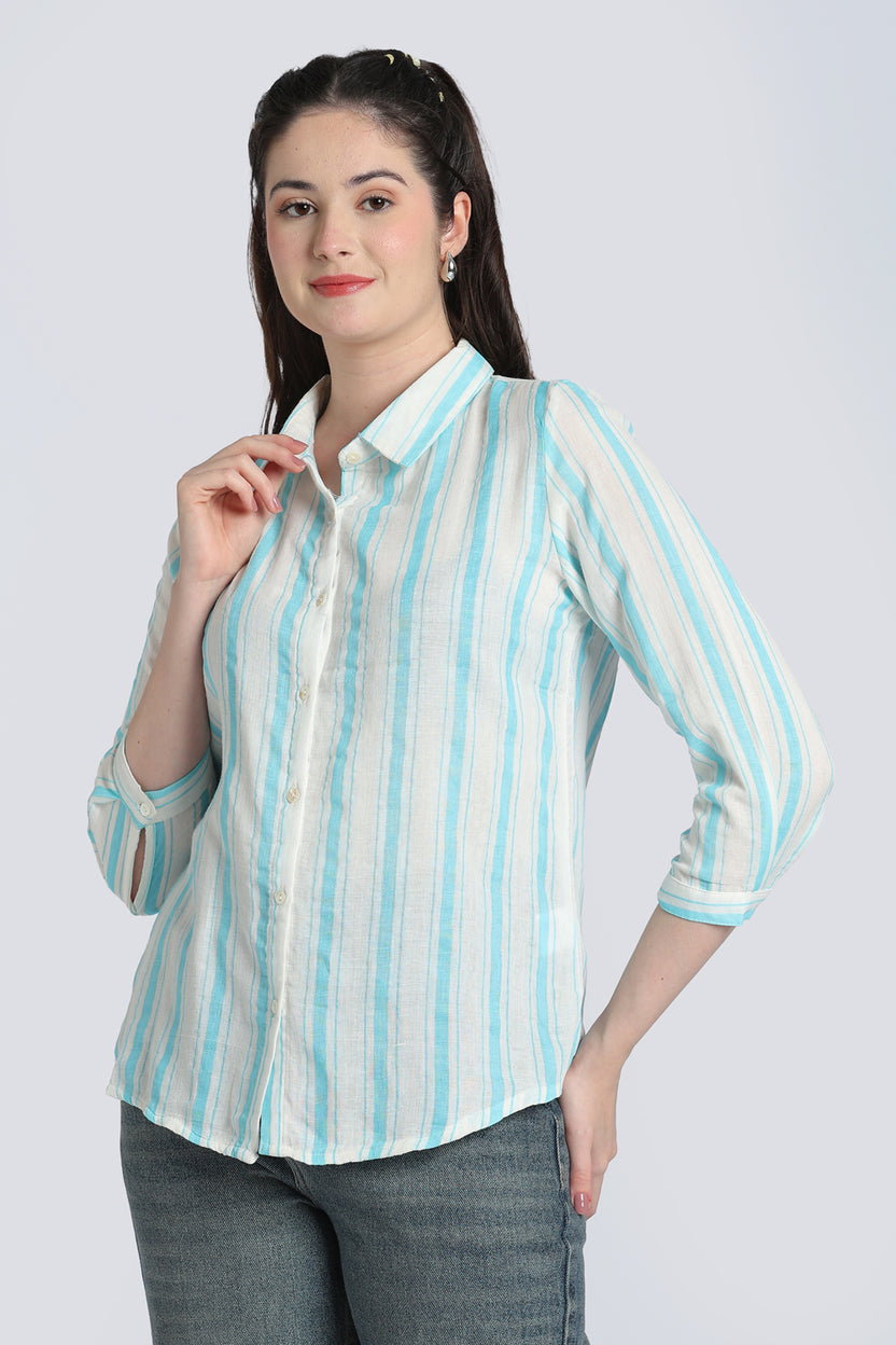 Blue Double Gauze Cotton Regular Fit Shirt for Women - Image 2