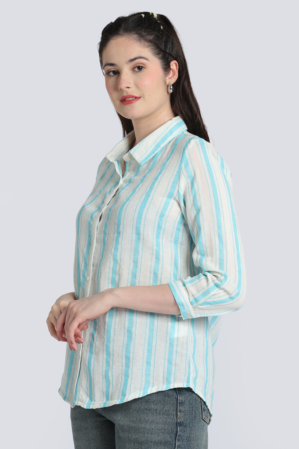Blue Double Gauze Cotton Regular Fit Shirt for Women - Image 4