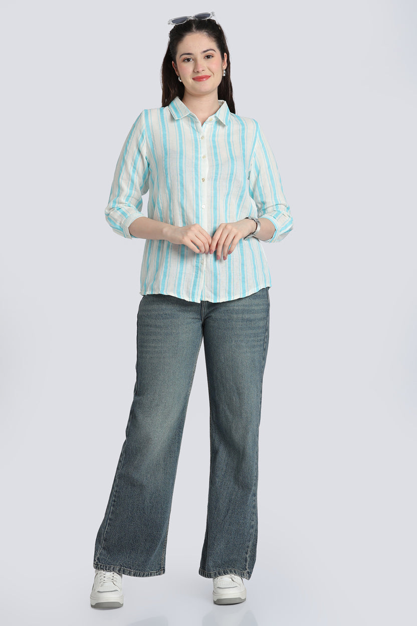 Blue Double Gauze Cotton Regular Fit Shirt for Women - Image 6