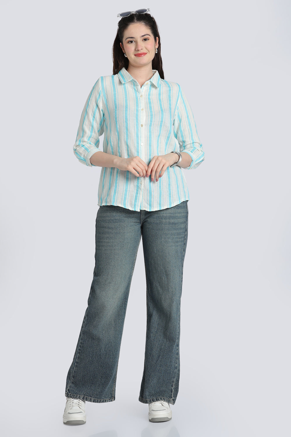 Blue Double Gauze Cotton Regular Fit Shirt for Women - Image 6