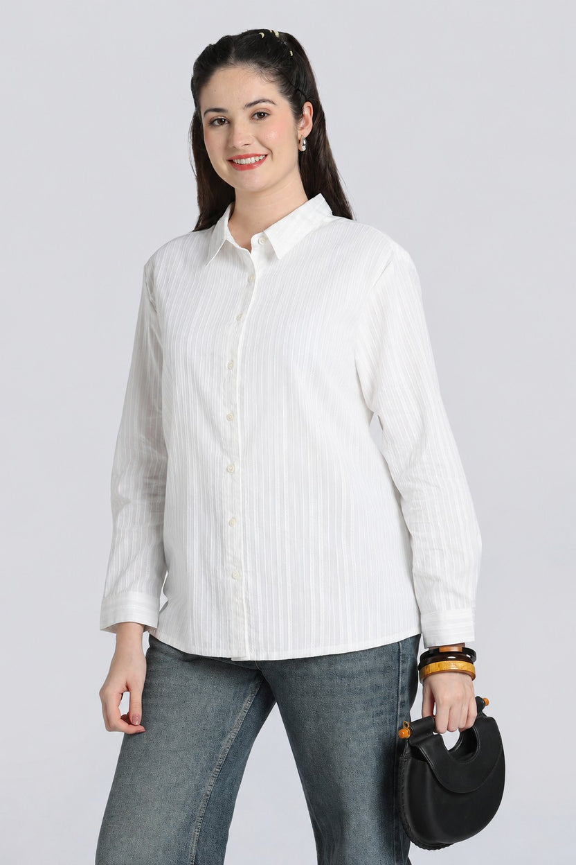 White Striped Dobby Regular Fit Shirt for Women - Image 1