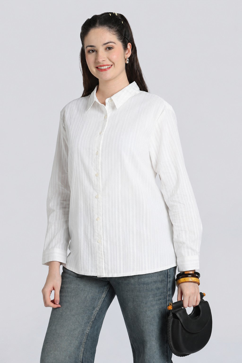 White Striped Dobby Regular Fit Shirt for Women - Image 1