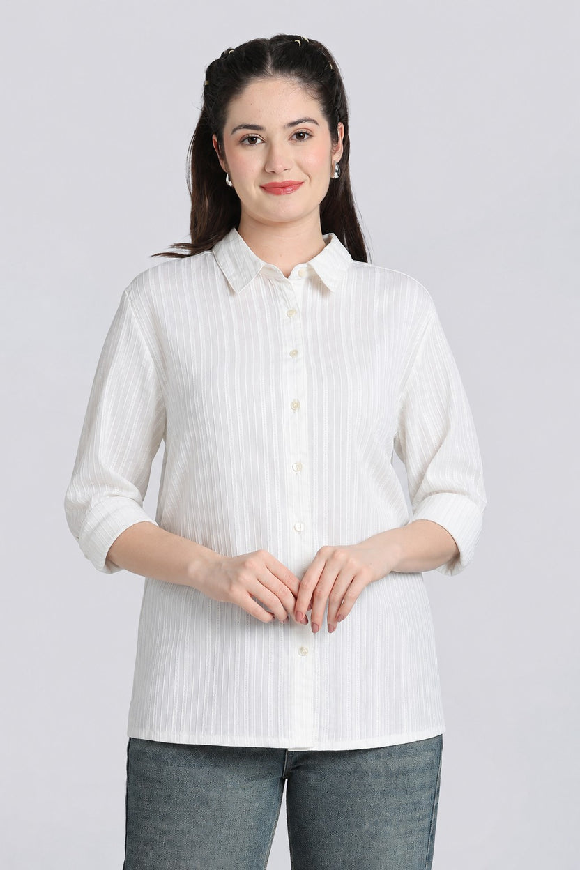 White Striped Dobby Regular Fit Shirt for Women - Image 2