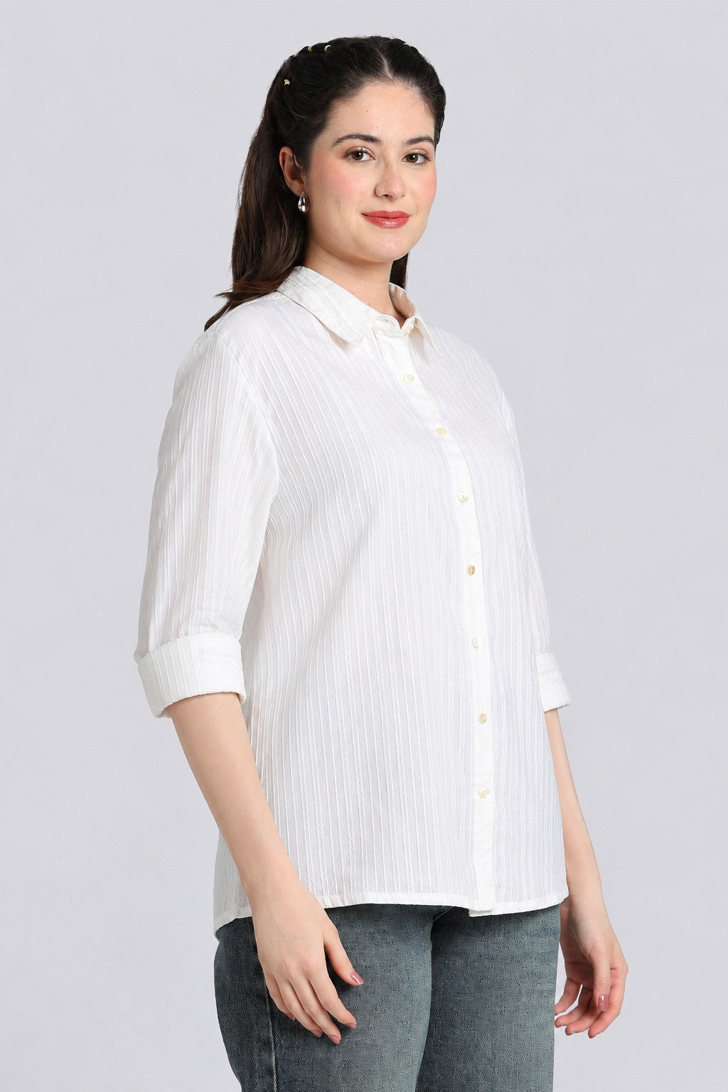 White Striped Dobby Regular Fit Shirt for Women - Image 4