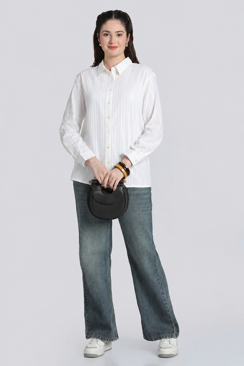 White Striped Dobby Regular Fit Shirt for Women - Image 6