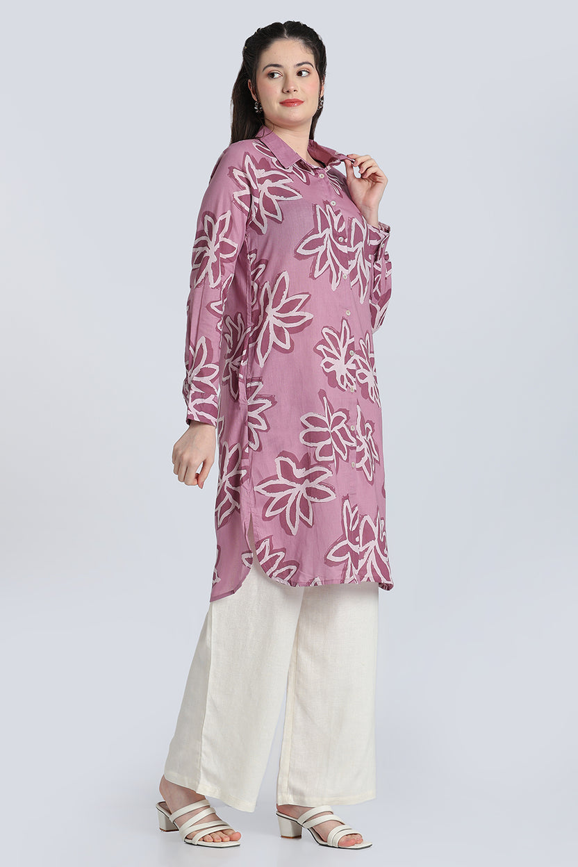 Lilac Floral Regular Fit Cambric Kurta for Women - Image 4