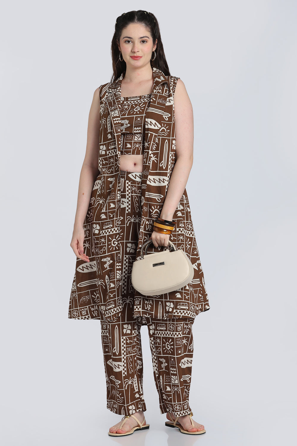Brown Shoulder Straps Sleeves Straight Fit Kurta Set for Women - Image 1