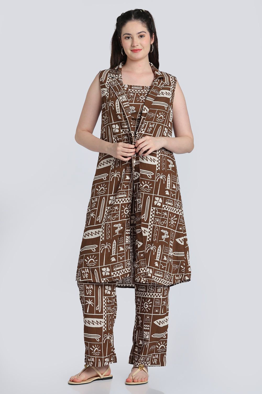Brown Shoulder Straps Sleeves Straight Fit Kurta Set for Women - Image 2