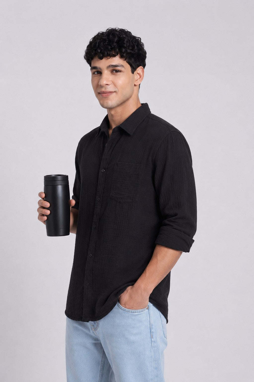 Black Textured Regular Fit Shirt for Men - Image 1