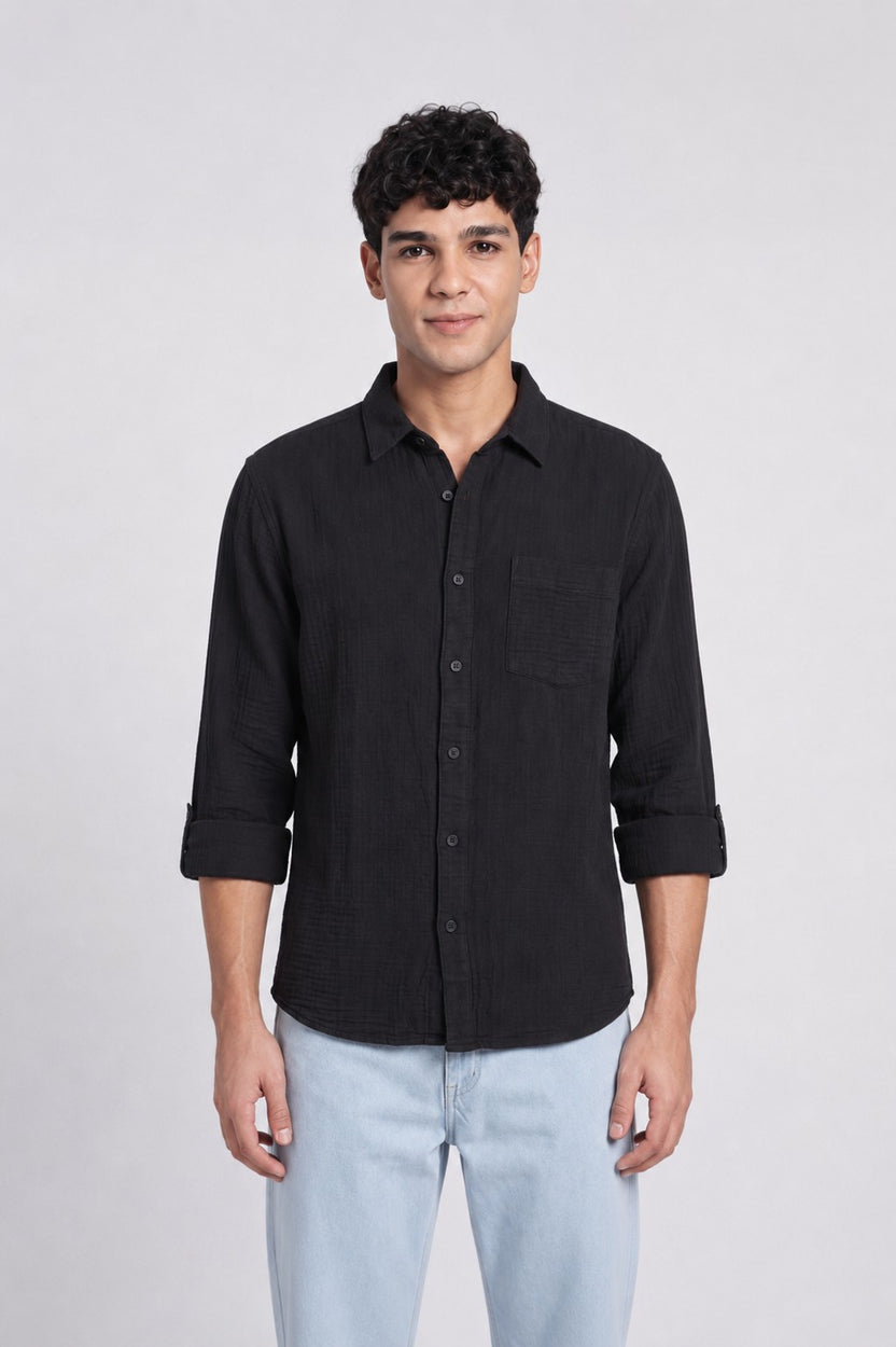 Black Textured Regular Fit Shirt for Men - Image 2