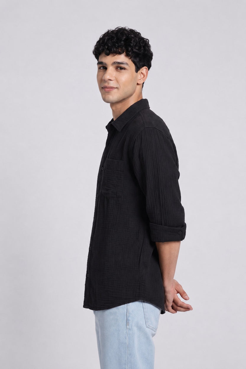 Black Textured Regular Fit Shirt for Men - Image 4