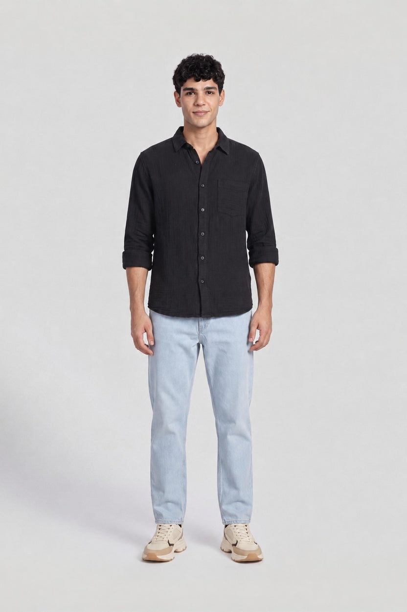 Black Textured Regular Fit Shirt for Men - Image 6